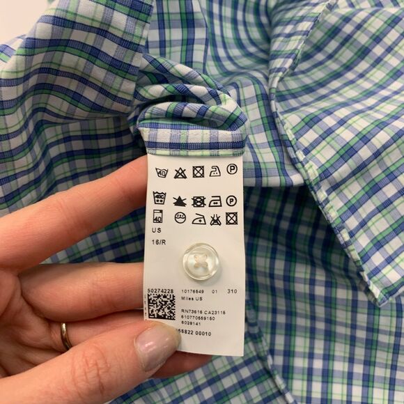 Hugo Boss Shirt Mens 16 Blue Green Slim Sharp Fit Plaid Button Up Long Sleeve - Picture 6 of 11